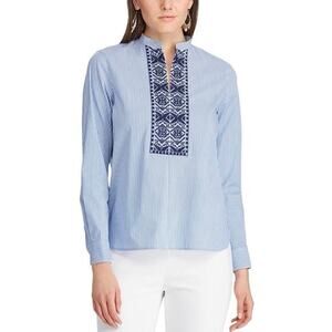 CHAPS Chan Embroidered Blue White Embroidered Stripe Tunic Blouse Dressy Top XL